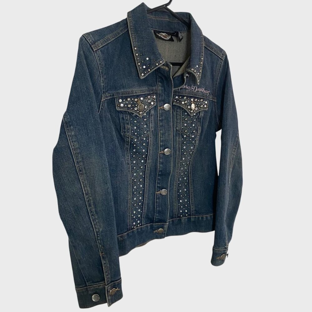 Y2K Harley-Davidson Embroidered Jean Jacket Women's Small Rhinestone Studded - Picture 3 of 14